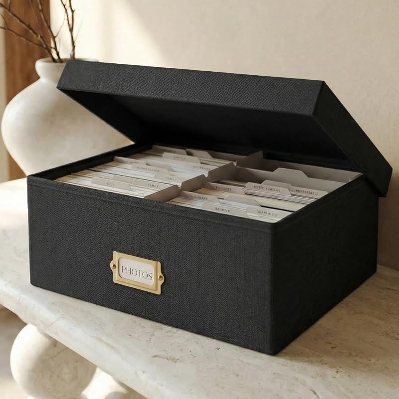 Black linen decorative photo storage box with lid and divider compartments