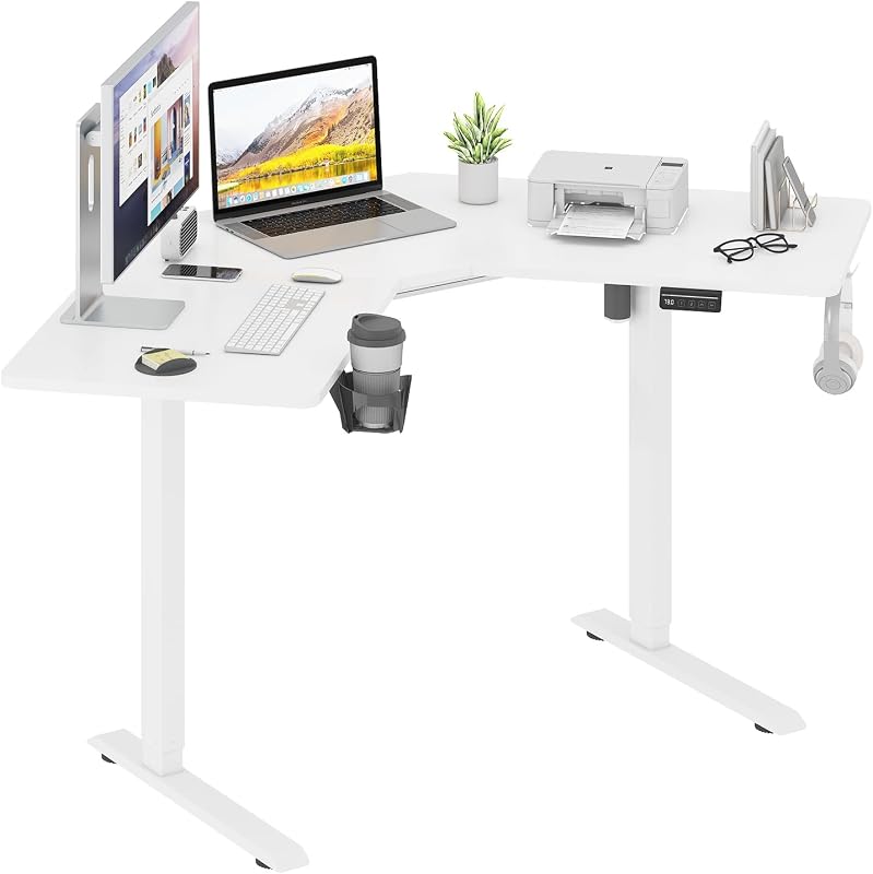 Electric L-Shaped Corner Standing Desk, Height Adjustable Workstation with Memory Presets, 120 x 50 cm White