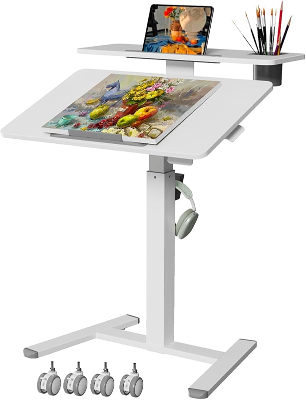 28-Inch Mobile Standing Desk with Tiltable Top and 2-Tier Shelves, White