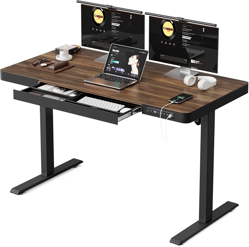Electric Standing Desk with Drawers, USB Ports, Power Outlets, Height Adjustable One-Piece Wood Desktop