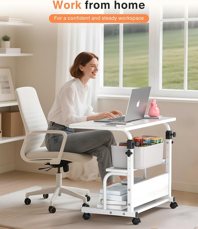 QZMDSM Portable Desk with Wheels, Adjustable Height 32-Inch Computer Desk with Storage Shelves