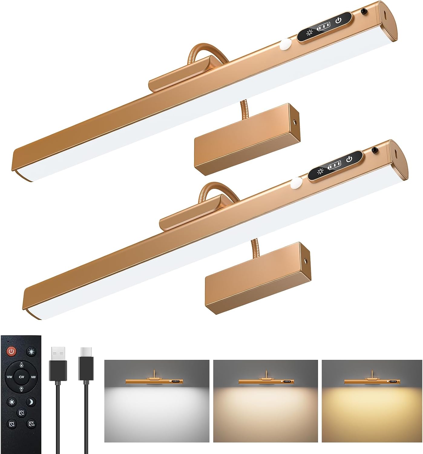 15.7-Inch Motion Sensor Picture Light with 9000mAh Rechargeable Battery for Paintings, Portraits, Gold 2-Pack