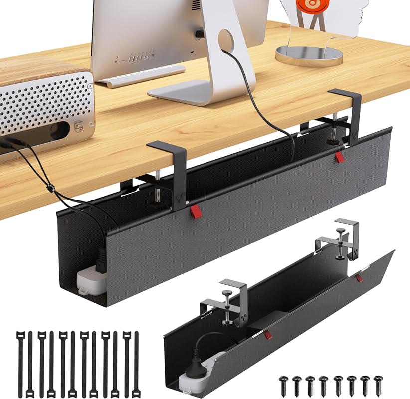 Under Desk Cable Management Tray with Clamp or Screw Mount, Fabric Cord Organizer Black