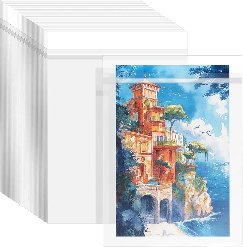 VOKOY 50-Pack Self-Sealing Crystal Clear Sleeves for 11x14 Art Prints, Photos, and Mats