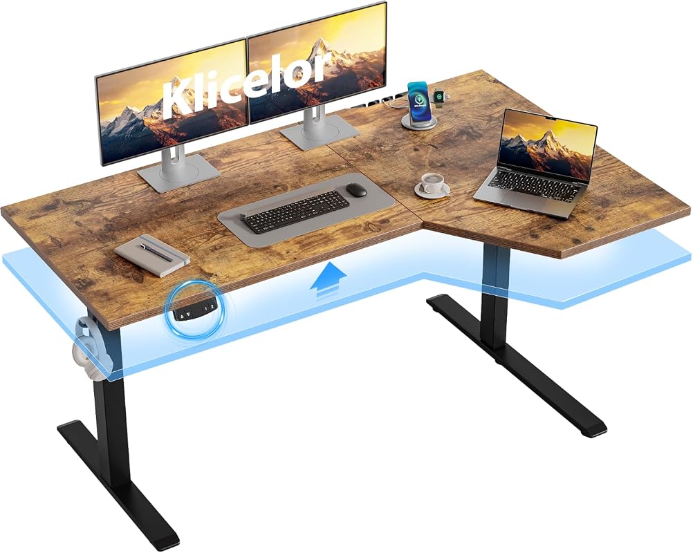 Klicelor 55 x 31.5 Inch L-Shaped Standing Desk, Electric Adjustable Corner Workstation with Memory Controller, Rustic Brown
