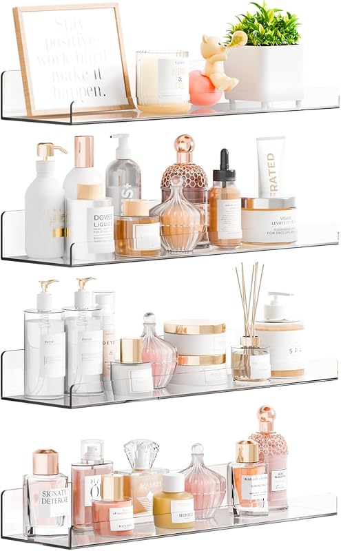 Yieach 15-Inch Clear Acrylic No-Drill Floating Wall Shelves 4-Pack with Adhesive for Display