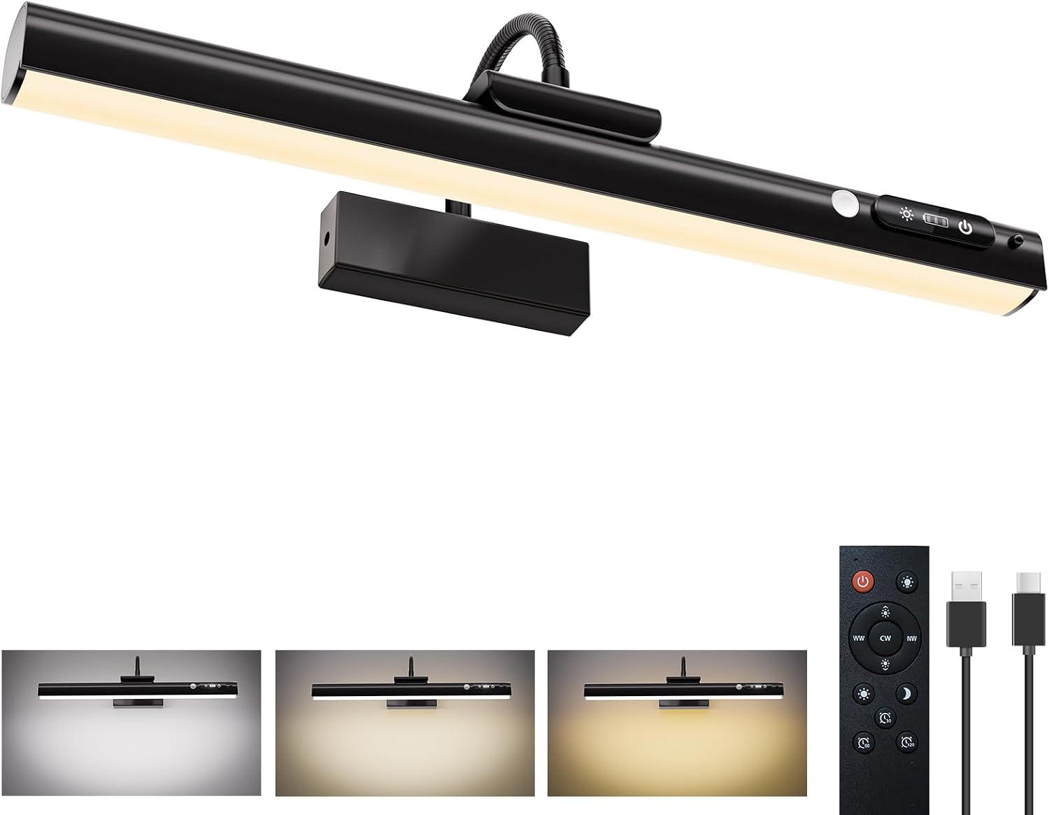 15.7-Inch Motion Sensor Picture Light with 9000mAh Rechargeable Battery for Paintings, Portraits, Black