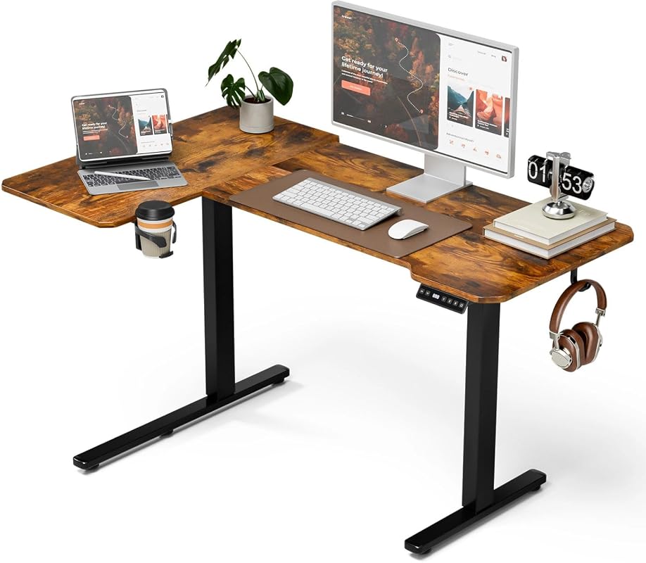 Acrolix 43x31.5 L-Shaped Electric Standing Desk, Reversible Height Adjustable Corner Desk, Rustic Brown