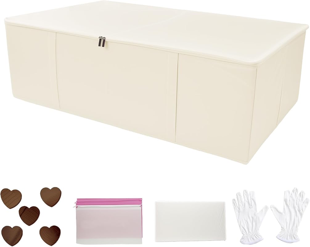 Beige 94L wedding dress preservation box with acid-free tissue, cedar blocks, and gloves