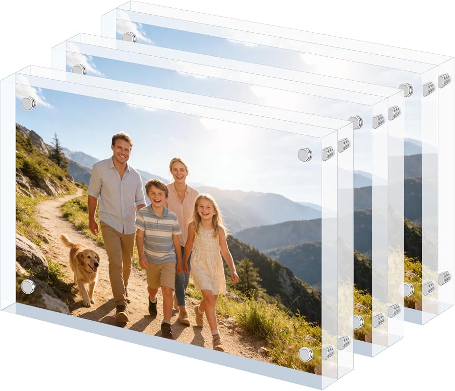 Three pack of clear frameless double-sided magnetic acrylic picture frames 4x6