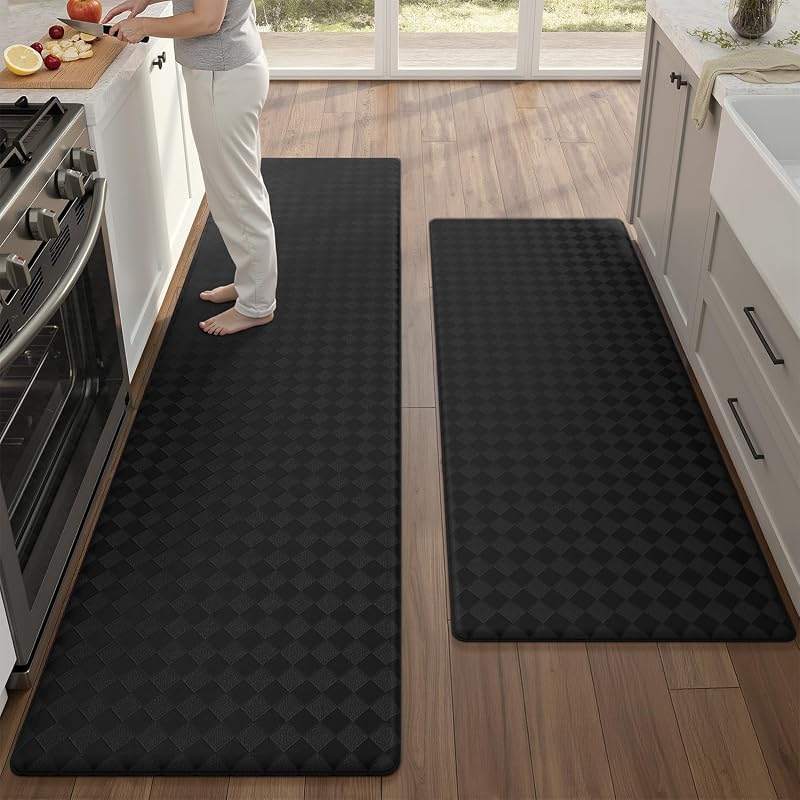 Color&Geometry Checkered Kitchen Mat Set, Wide Non-Slip Floor Mats for Kitchen, Black 24x59+24x87