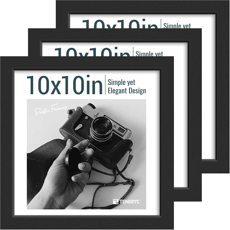 Black wood 10x10 picture frame 3-pack with real tempered glass for photos and art