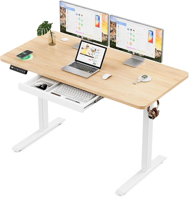 Electric Standing Desk with Wireless Charging, Drawers, Hooks, Memory Presets, Height Adjustable Brown Desk