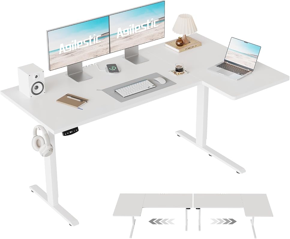 Agilestic 55-Inch Reversible L-Shaped Electric Standing Desk, Height Adjustable Corner Desk, White