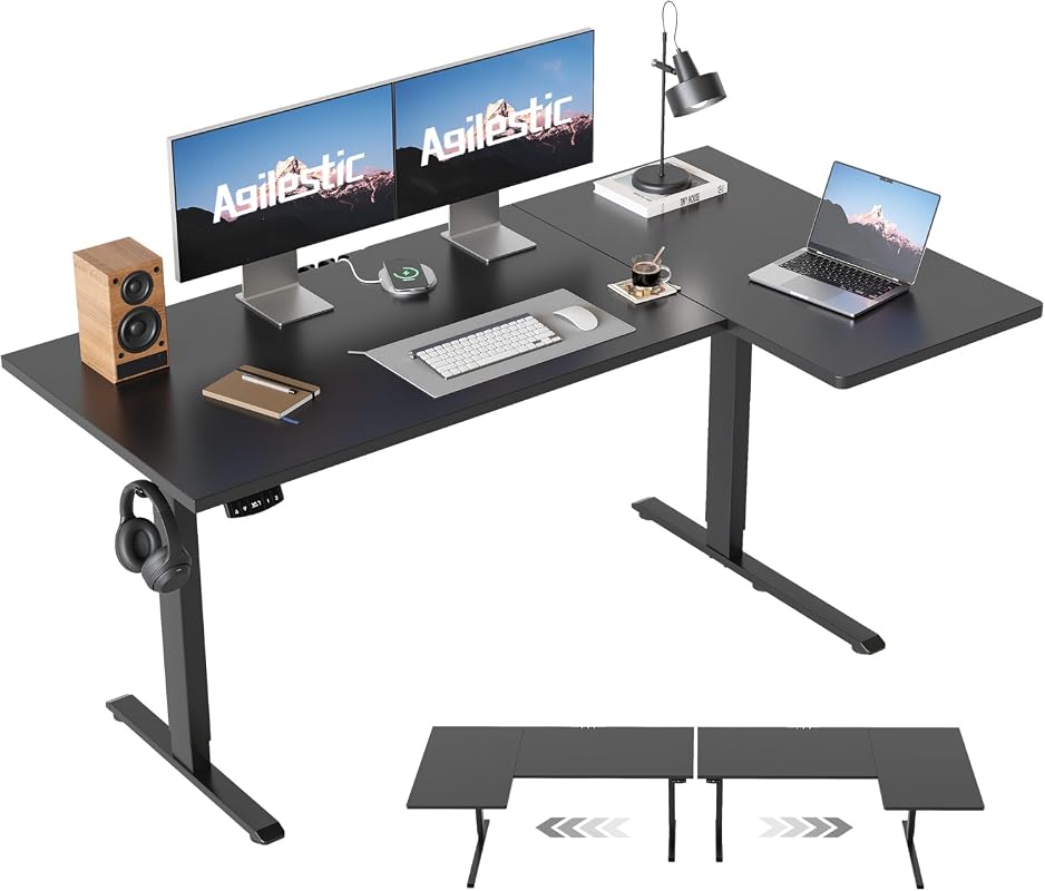 Agilestic 55-Inch Reversible L-Shaped Electric Standing Desk, Height Adjustable Corner Desk, Black