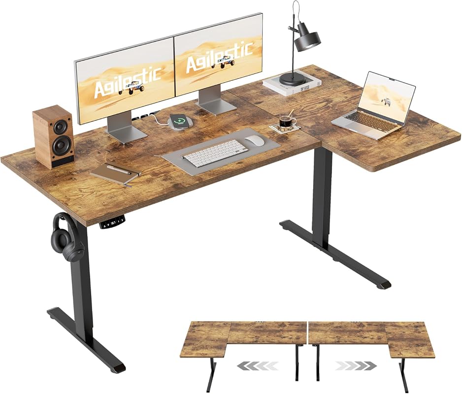 Agilestic 55-Inch Reversible L-Shaped Electric Standing Desk, Height Adjustable Corner Desk, Brown