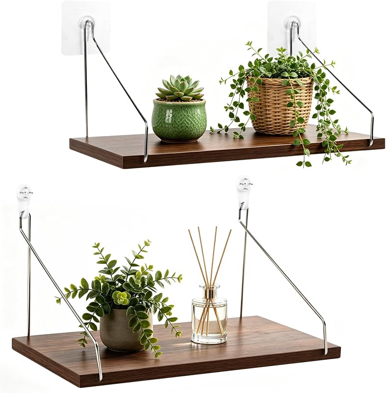 Renter Friendly No-Drill Hanging Wall Shelves 2-Pack Rustic Wood for Apartment Dorm and Office