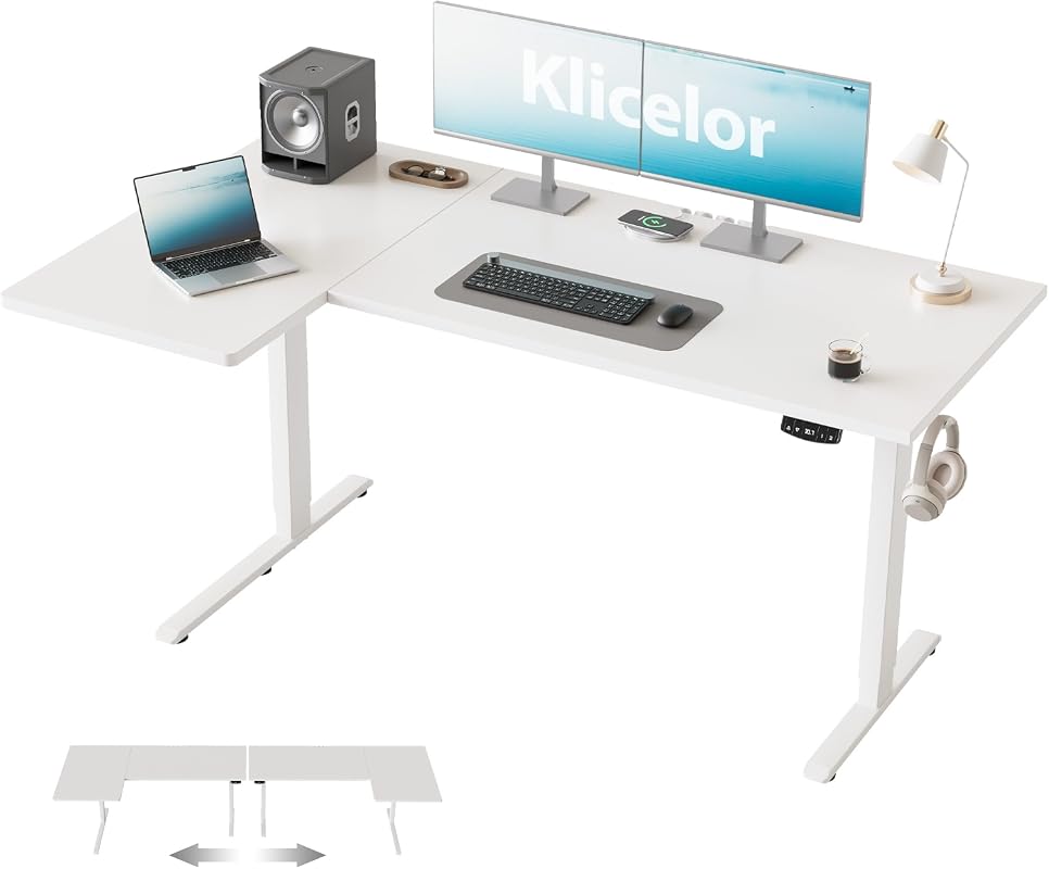 Klicelor 55-Inch L-Shaped Standing Desk, Electric Height Adjustable Corner Workstation with Memory Presets, White