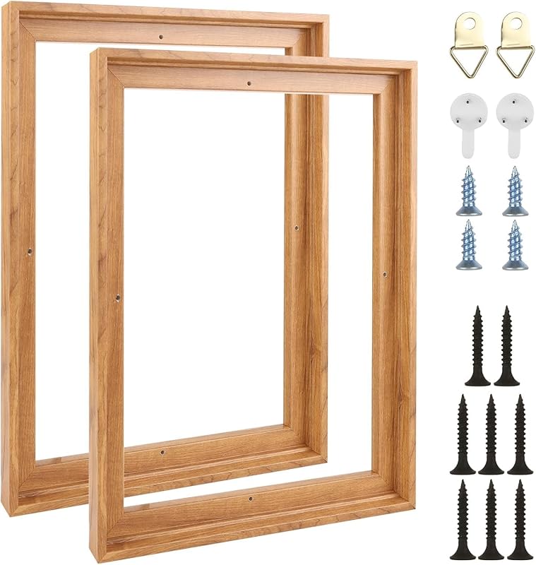 Two pack of walnut color floating frames sized for 12 by 16 inch canvas paintings