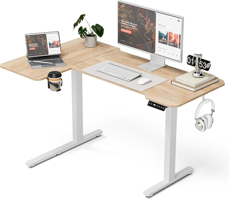 Acrolix 43x31.5 L-Shaped Electric Standing Desk, Reversible Height Adjustable Corner Desk, Oak Finish