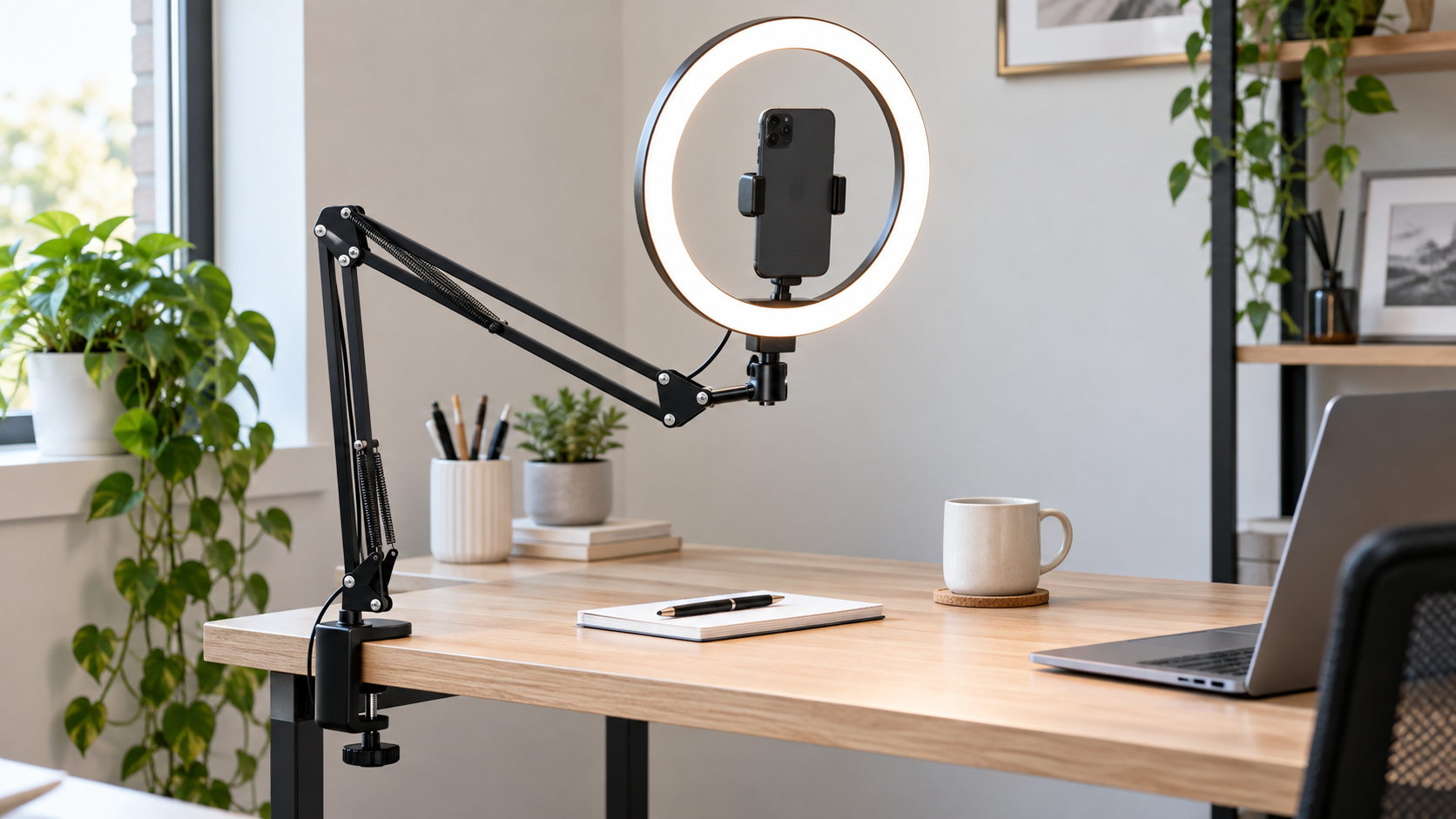Ring light desk clamp mount setup example