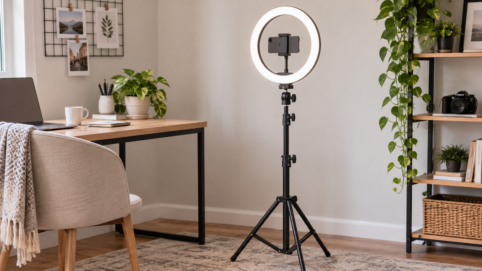 Ring light tripod and phone mount setup example