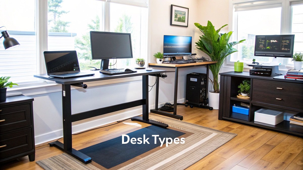 Home office with a stand up desk, monitor, task chair, and shelving arranged for comfort and movement