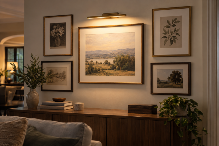 Wireless picture light above framed artwork on a gallery wall