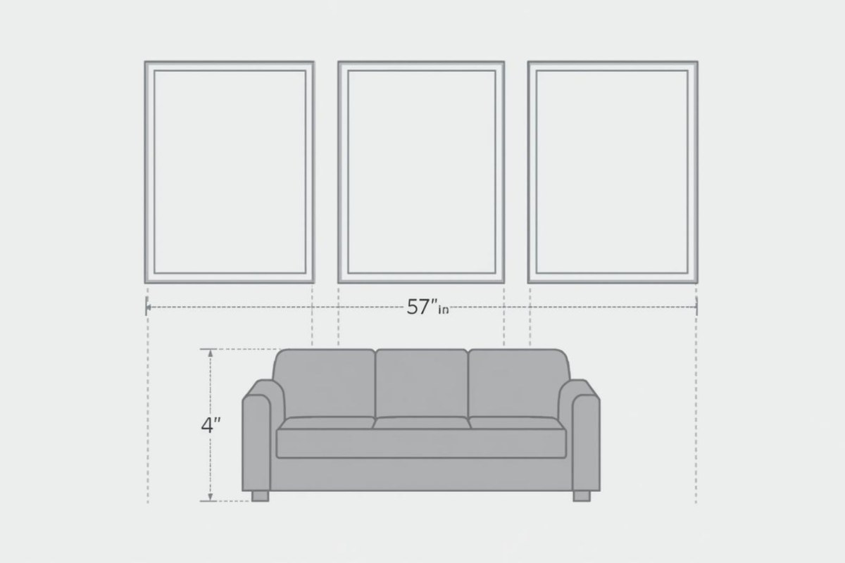 Person measuring wall space above a sofa with a tape measure to plan frame sizes for a gallery wall.