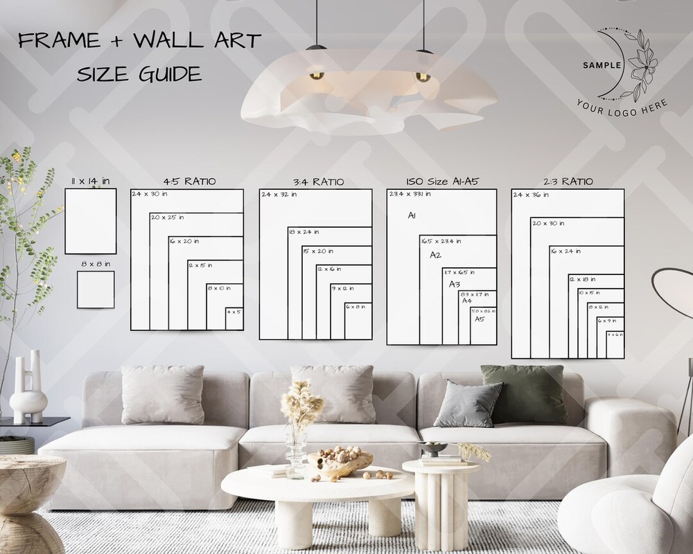 Gallery wall above sofa with frames evenly spaced 5-10cm apart demonstrating visual flow