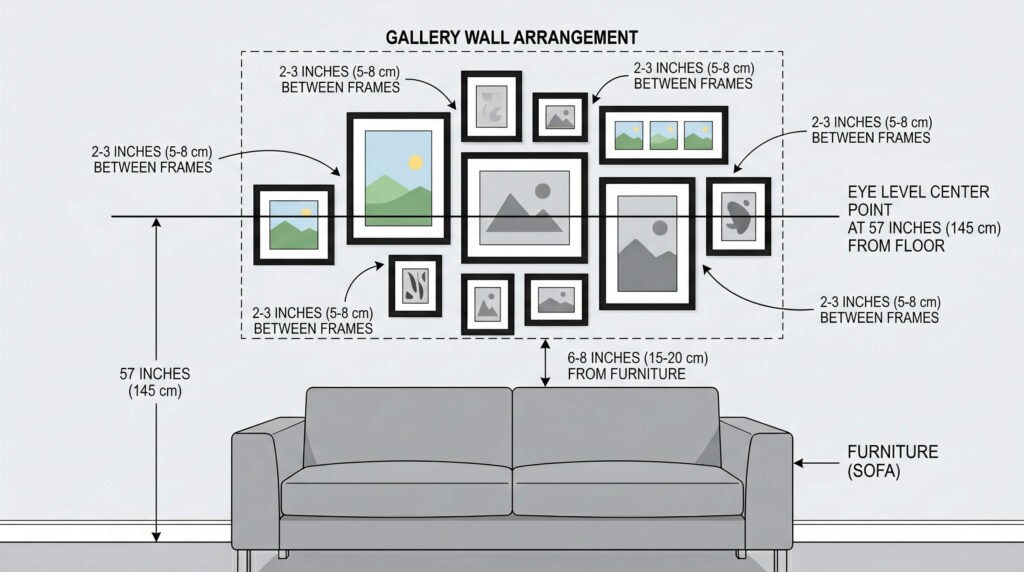 Gallery wall with frames at varying distances showing how wall size and frame dimensions affect optimal spacing