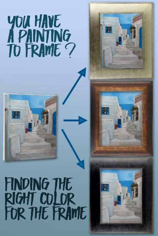 Canvas painting in a dark wood frame hanging above a sofa, the frame color matching the living room's neutral decor