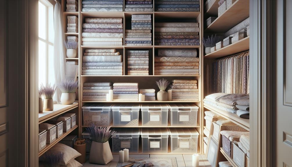 Acid-free textile storage boxes with neatly folded heirloom fabrics on a wooden shelf