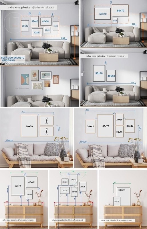Gallery wall mixing large canvas art with smaller framed prints, evenly spaced on a neutral wall