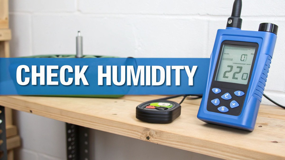 Person holding a digital hygrometer near framed paper artwork on a wall to check indoor humidity levels.
